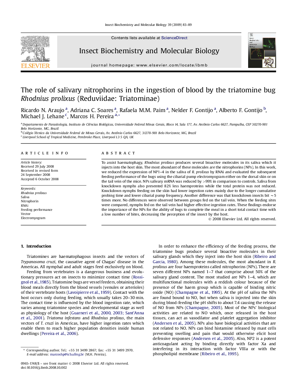 The role of salivary nitrophorins in the ingestion of blood by the triatomine bug Rhodnius prolixus (Reduviidae: Triatominae)