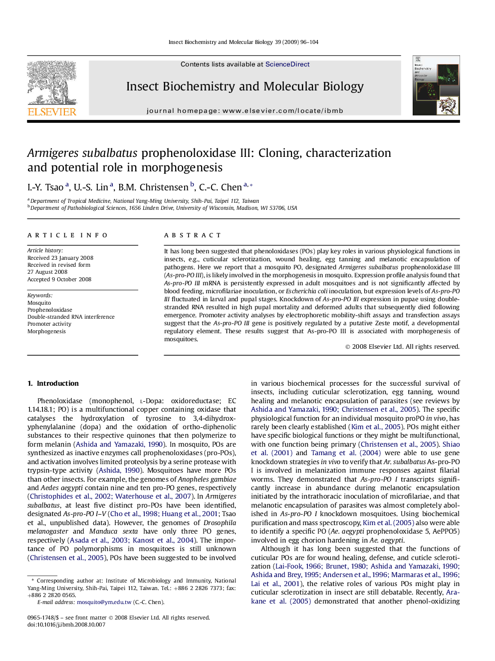 Armigeres subalbatus prophenoloxidase III: Cloning, characterization and potential role in morphogenesis