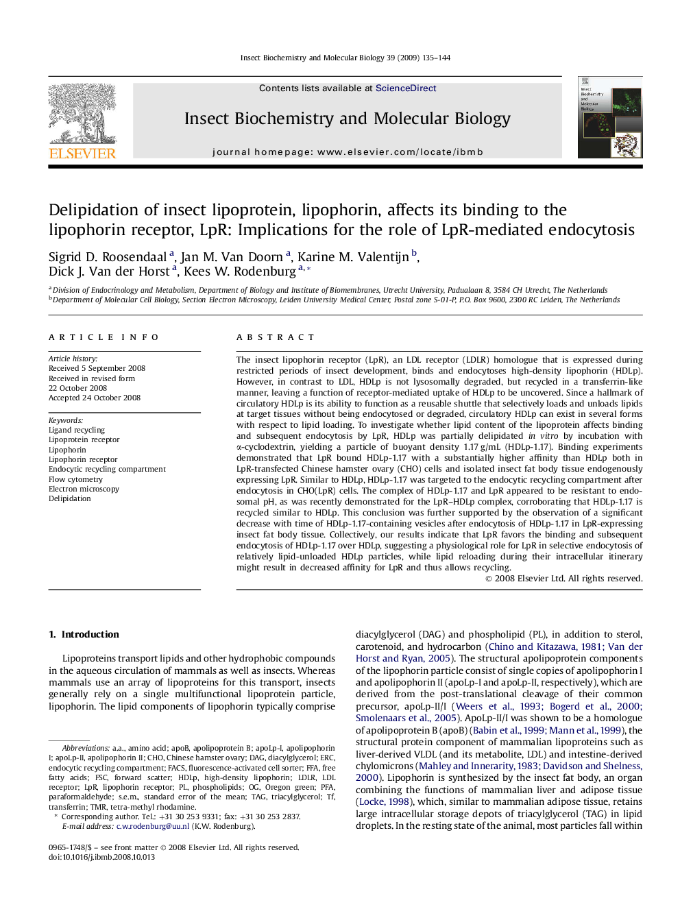 Delipidation of insect lipoprotein, lipophorin, affects its binding to the lipophorin receptor, LpR: Implications for the role of LpR-mediated endocytosis