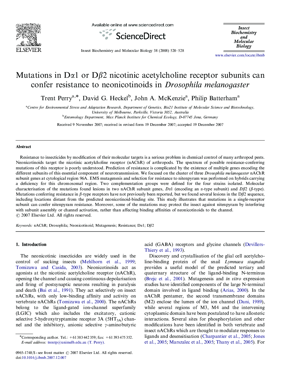 Mutations in Dα1 or Dβ2 nicotinic acetylcholine receptor subunits can confer resistance to neonicotinoids in Drosophila melanogaster