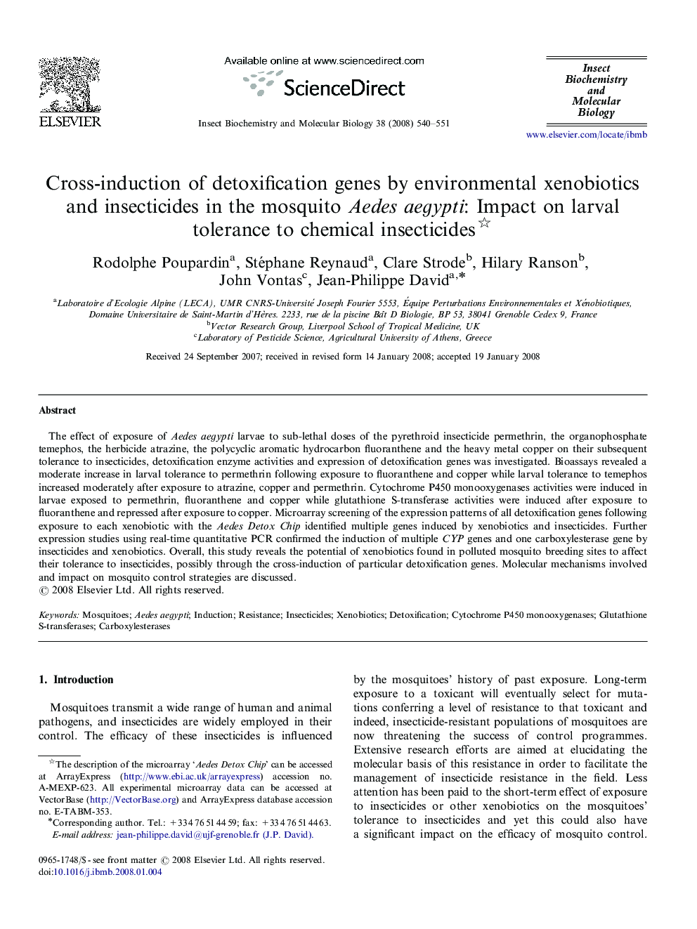Cross-induction of detoxification genes by environmental xenobiotics and insecticides in the mosquito Aedes aegypti: Impact on larval tolerance to chemical insecticides 