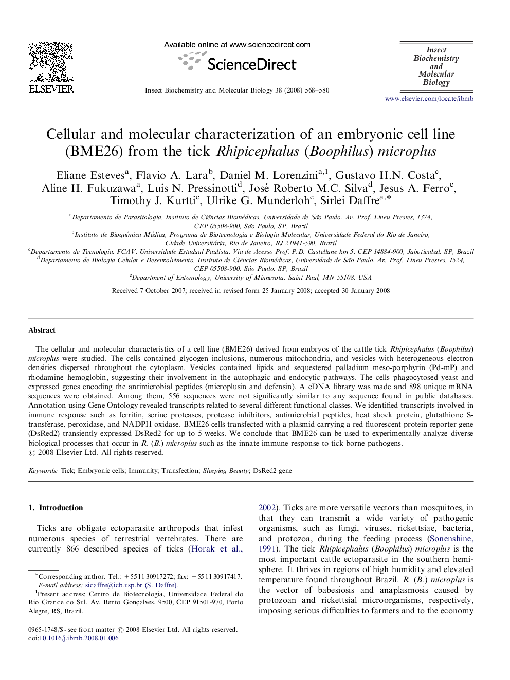 Cellular and molecular characterization of an embryonic cell line (BME26) from the tick Rhipicephalus (Boophilus) microplus