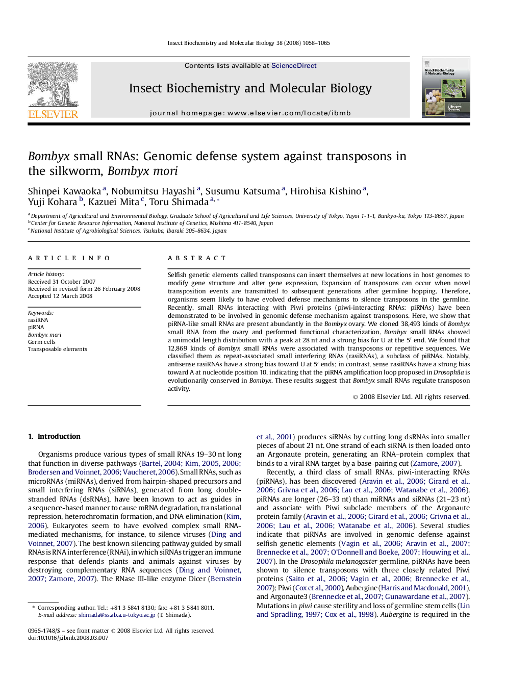 Bombyx small RNAs: Genomic defense system against transposons in the silkworm, Bombyx mori