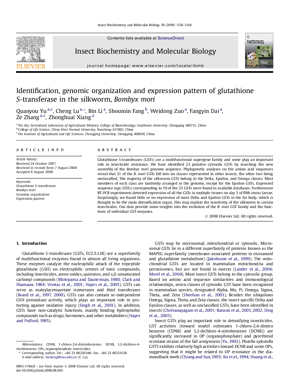 Identification, genomic organization and expression pattern of glutathione S-transferase in the silkworm, Bombyx mori