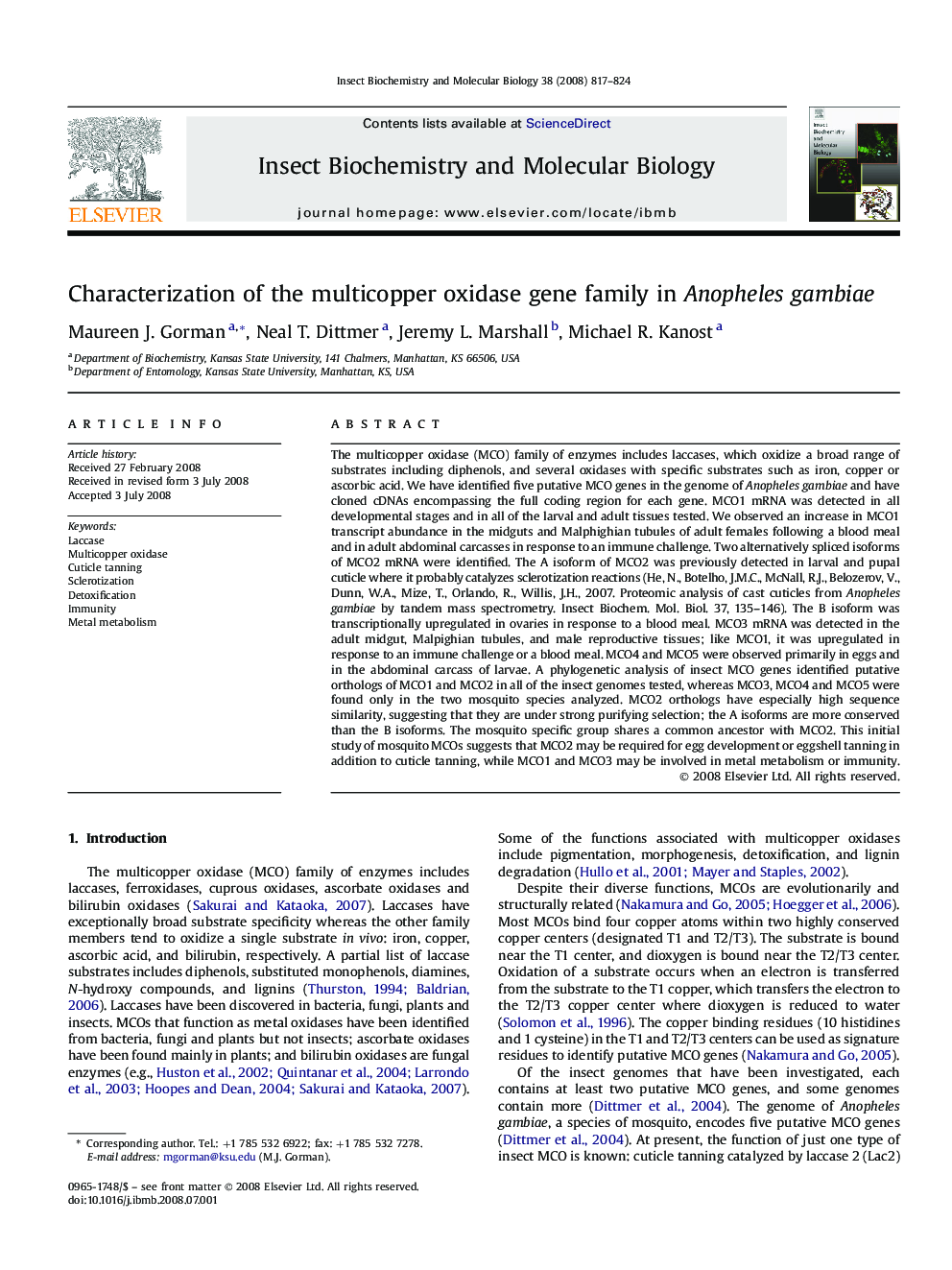 Characterization of the multicopper oxidase gene family in Anopheles gambiae