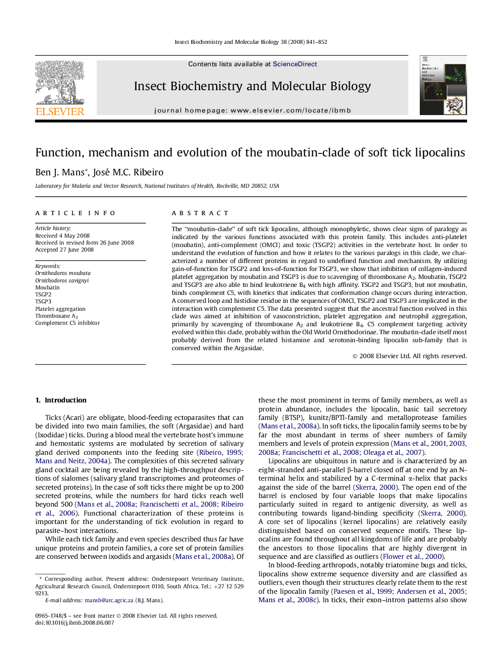 Function, mechanism and evolution of the moubatin-clade of soft tick lipocalins