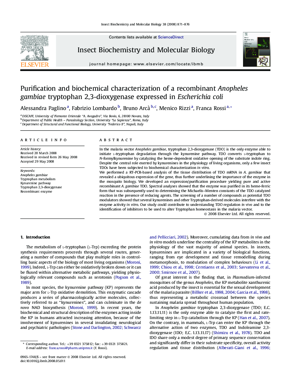 Purification and biochemical characterization of a recombinant Anopheles gambiae tryptophan 2,3-dioxygenase expressed in Escherichia coli