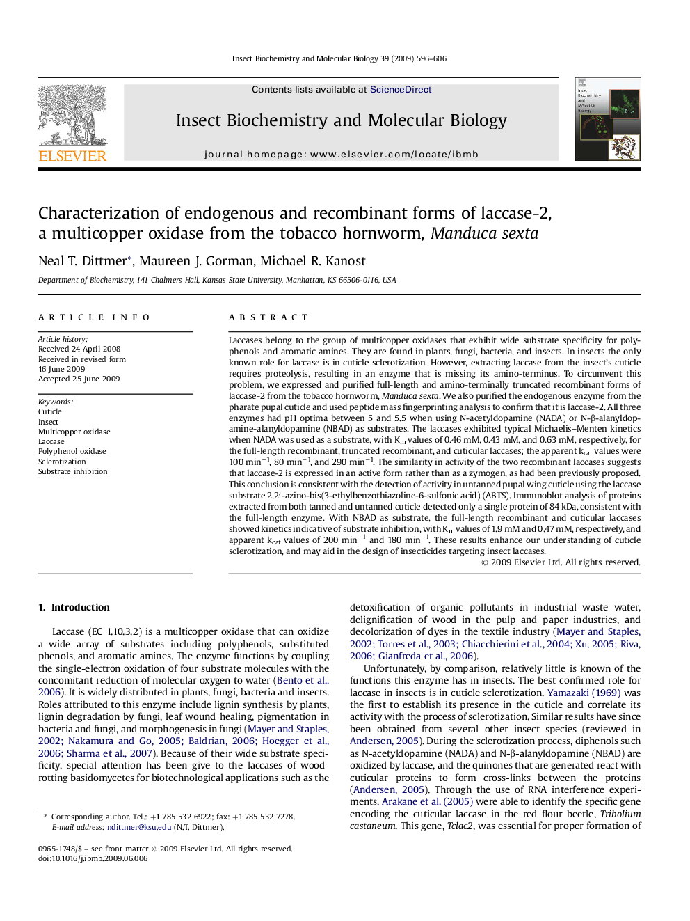 Characterization of endogenous and recombinant forms of laccase-2, a multicopper oxidase from the tobacco hornworm, Manduca sexta