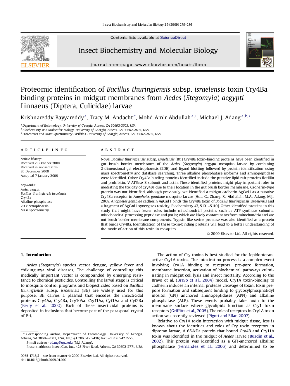 Proteomic identification of Bacillus thuringiensis subsp. israelensis toxin Cry4Ba binding proteins in midgut membranes from Aedes (Stegomyia) aegypti Linnaeus (Diptera, Culicidae) larvae