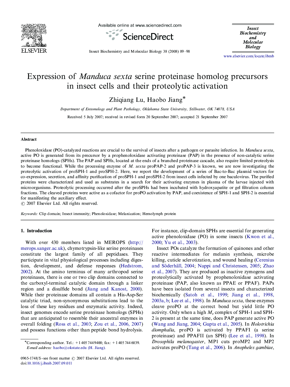 Expression of Manduca sexta serine proteinase homolog precursors in insect cells and their proteolytic activation