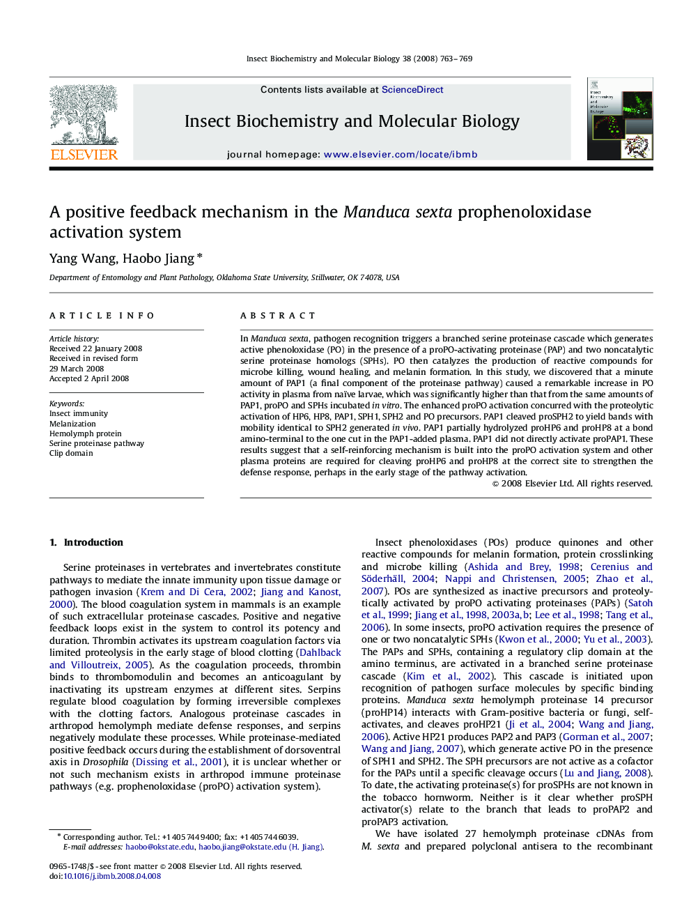 A positive feedback mechanism in the Manduca sexta prophenoloxidase activation system