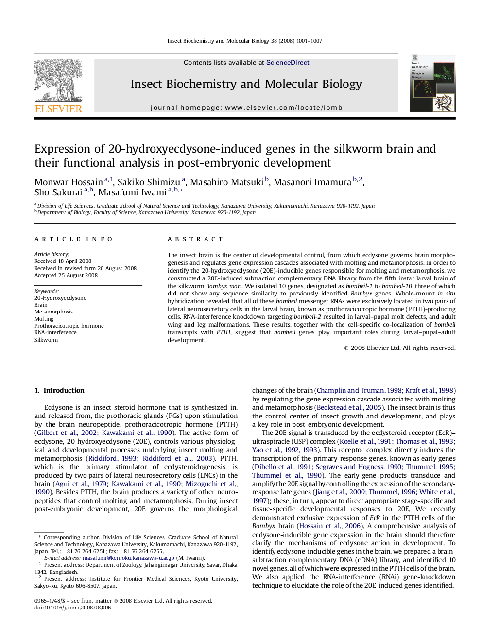 Expression of 20-hydroxyecdysone-induced genes in the silkworm brain and their functional analysis in post-embryonic development