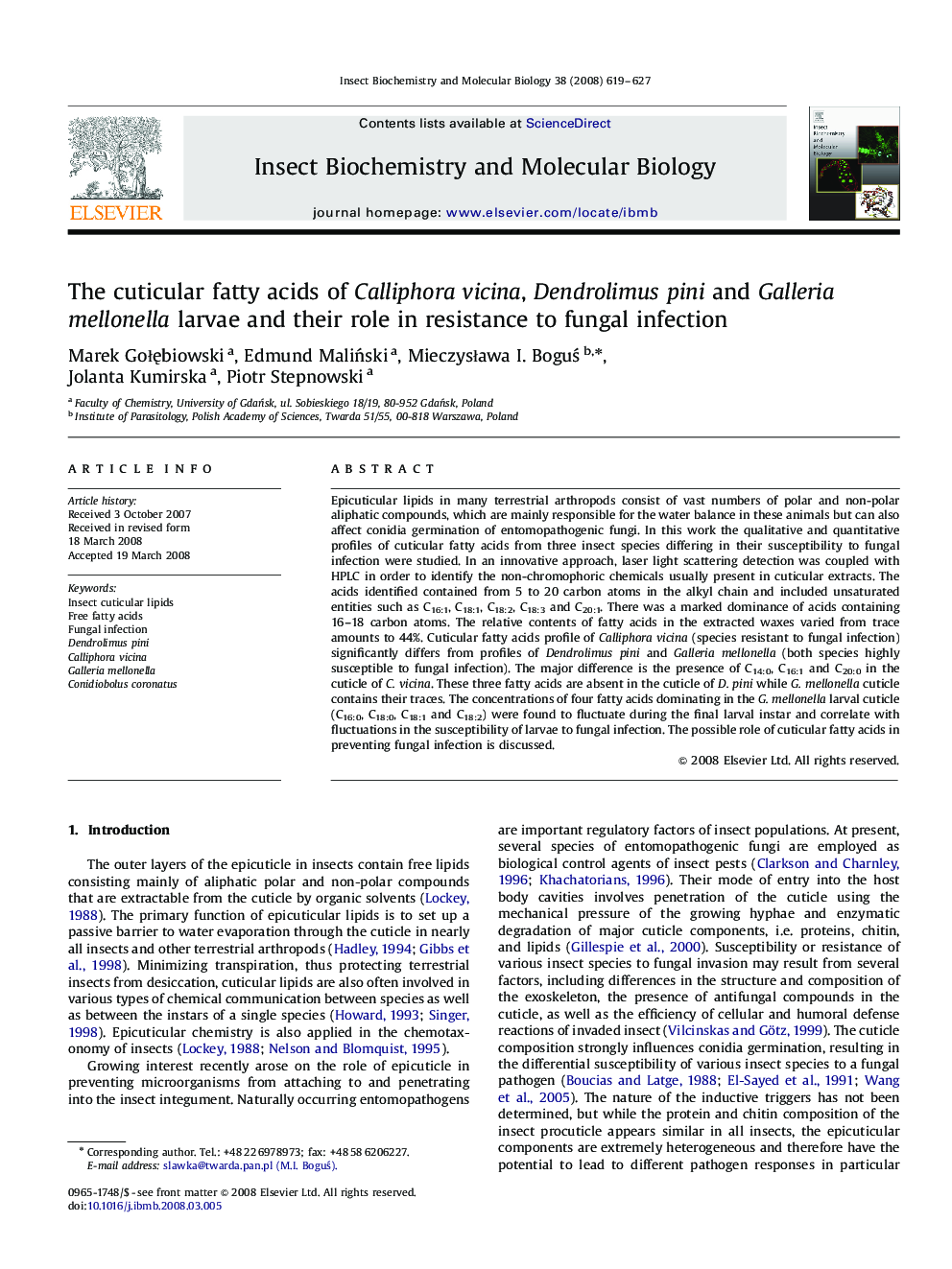 The cuticular fatty acids of Calliphora vicina, Dendrolimus pini and Galleria mellonella larvae and their role in resistance to fungal infection