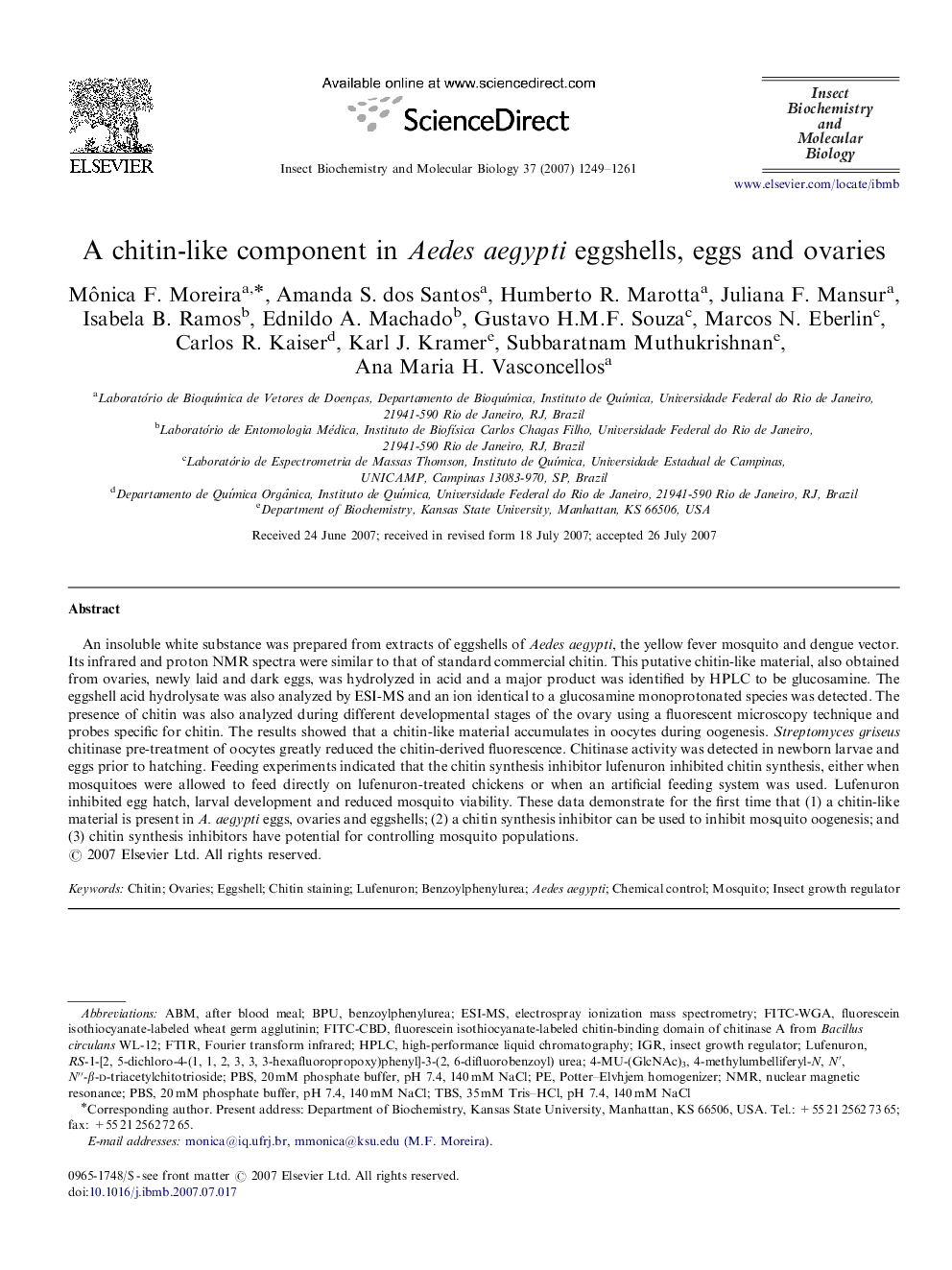 A chitin-like component in Aedes aegypti eggshells, eggs and ovaries