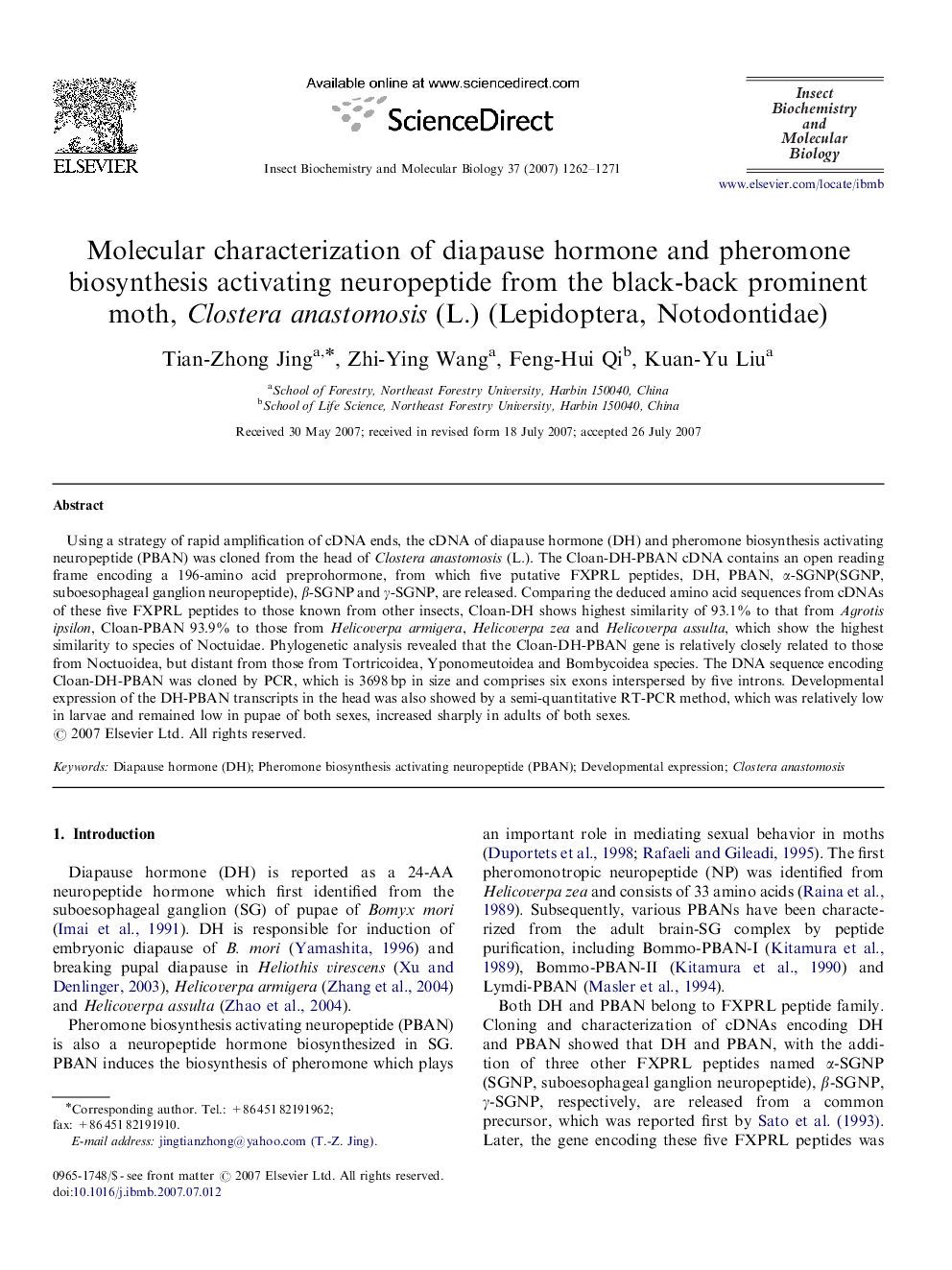 Molecular characterization of diapause hormone and pheromone biosynthesis activating neuropeptide from the black-back prominent moth, Clostera anastomosis (L.) (Lepidoptera, Notodontidae)