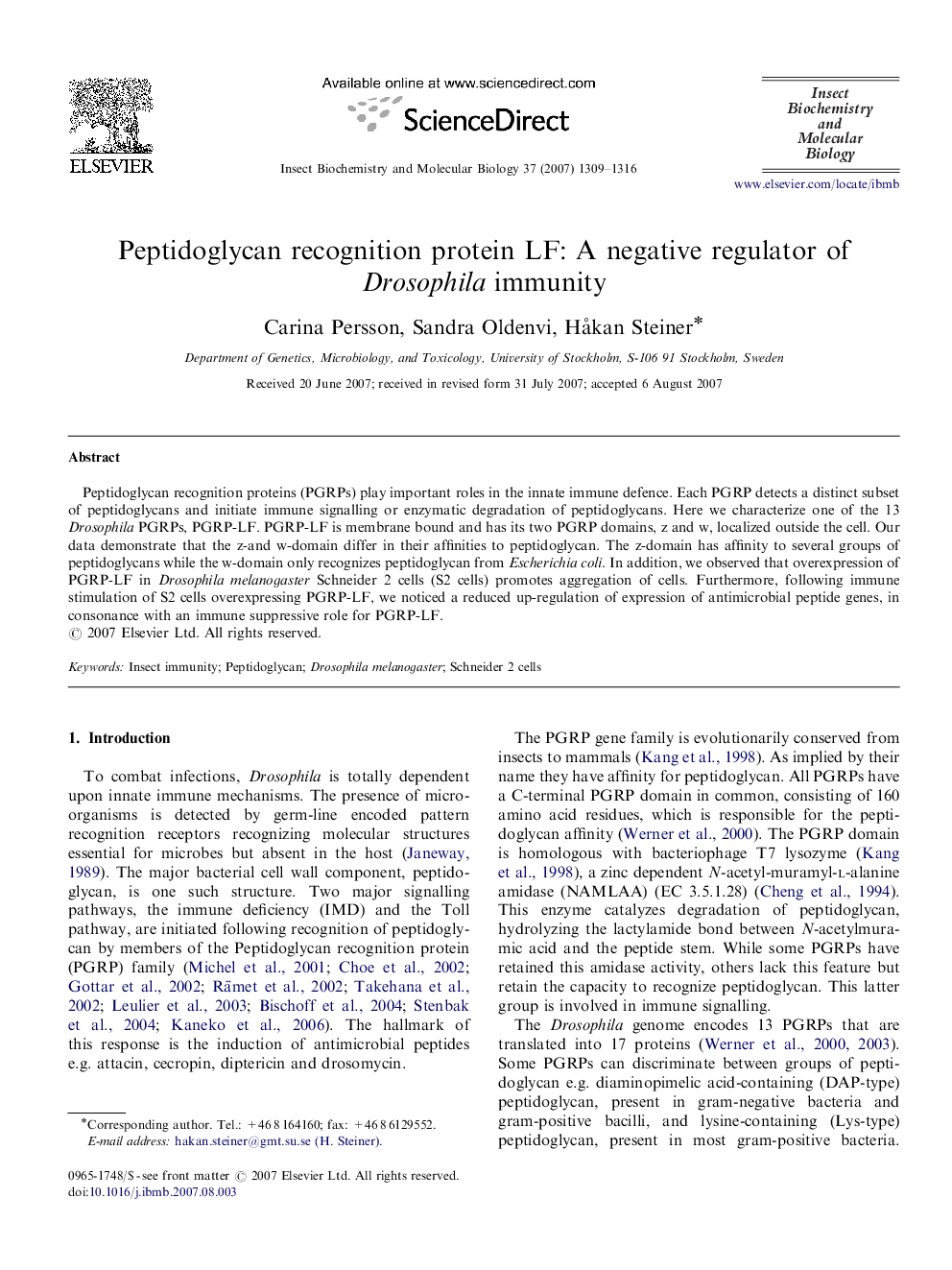 Peptidoglycan recognition protein LF: A negative regulator of Drosophila immunity