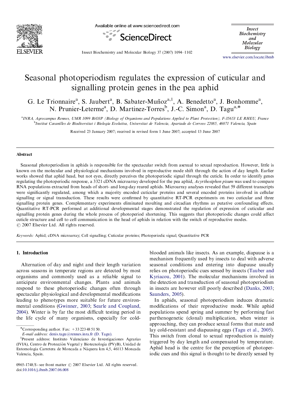 عکس صفحه اول مقاله: Seasonal photoperiodism regulates the expression of cuticular and signalling protein genes in the pea aphid Seasonal photoperiodism regulates the expression of cuticular and signalling protein genes in the pea aphid