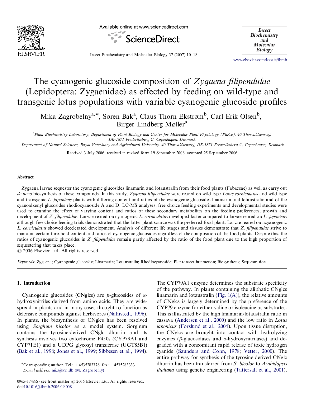 The cyanogenic glucoside composition of Zygaena filipendulae (Lepidoptera: Zygaenidae) as effected by feeding on wild-type and transgenic lotus populations with variable cyanogenic glucoside profiles