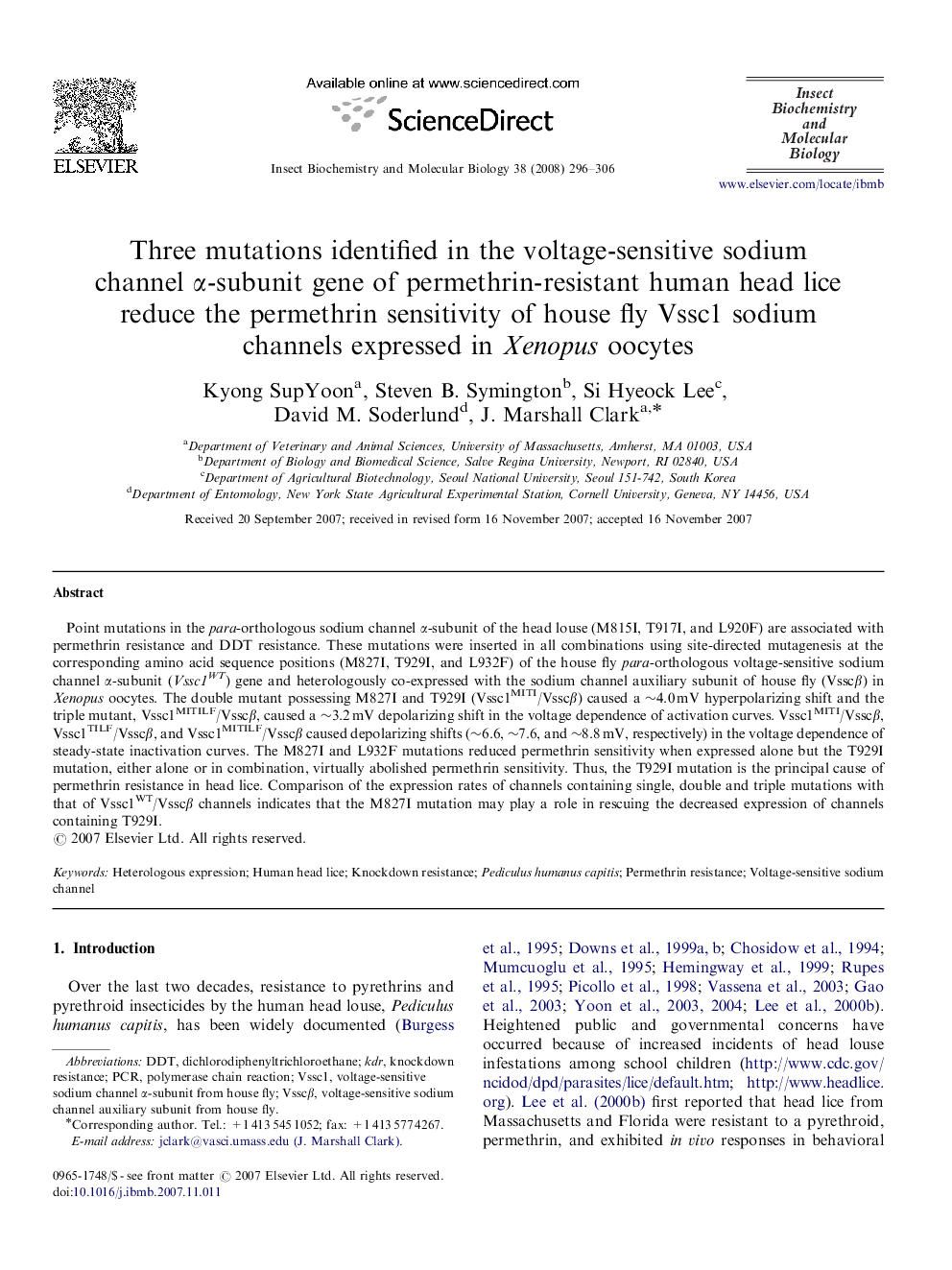 Three mutations identified in the voltage-sensitive sodium channel α-subunit gene of permethrin-resistant human head lice reduce the permethrin sensitivity of house fly Vssc1 sodium channels expressed in Xenopus oocytes