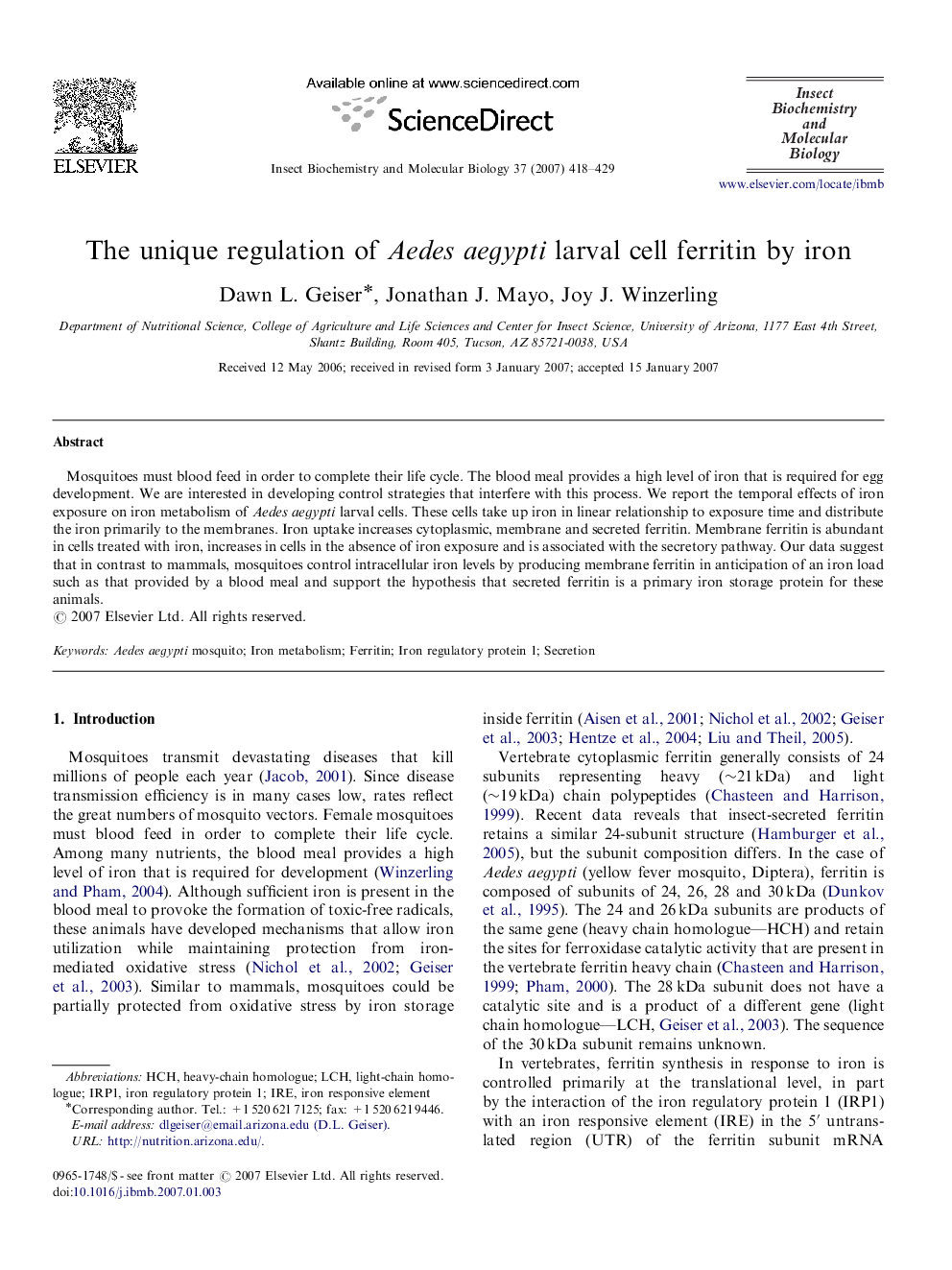 The unique regulation of Aedes aegypti larval cell ferritin by iron