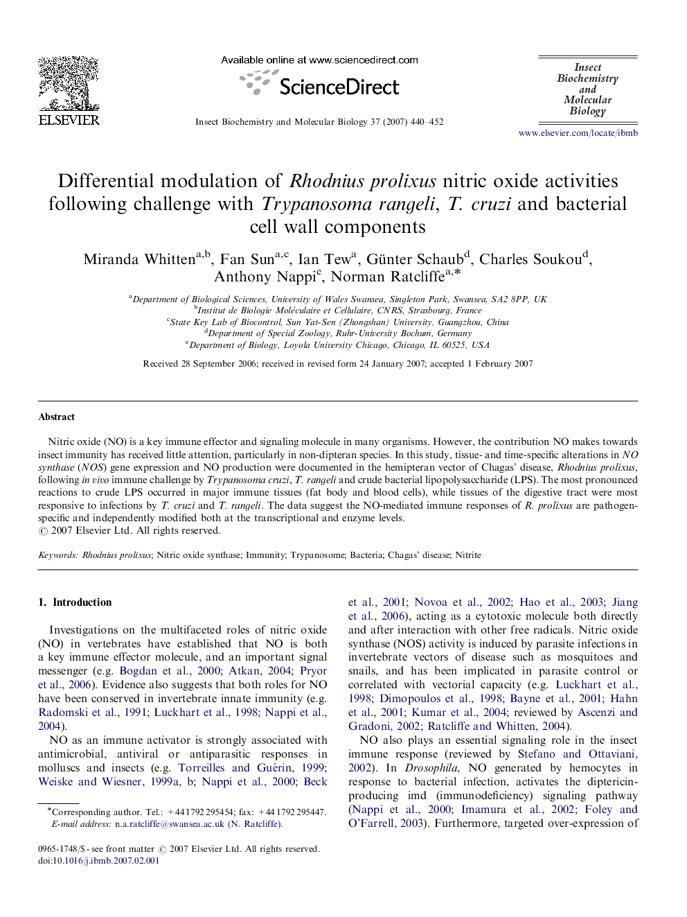 Differential modulation of Rhodnius prolixus nitric oxide activities following challenge with Trypanosoma rangeli, T. cruzi and bacterial cell wall components