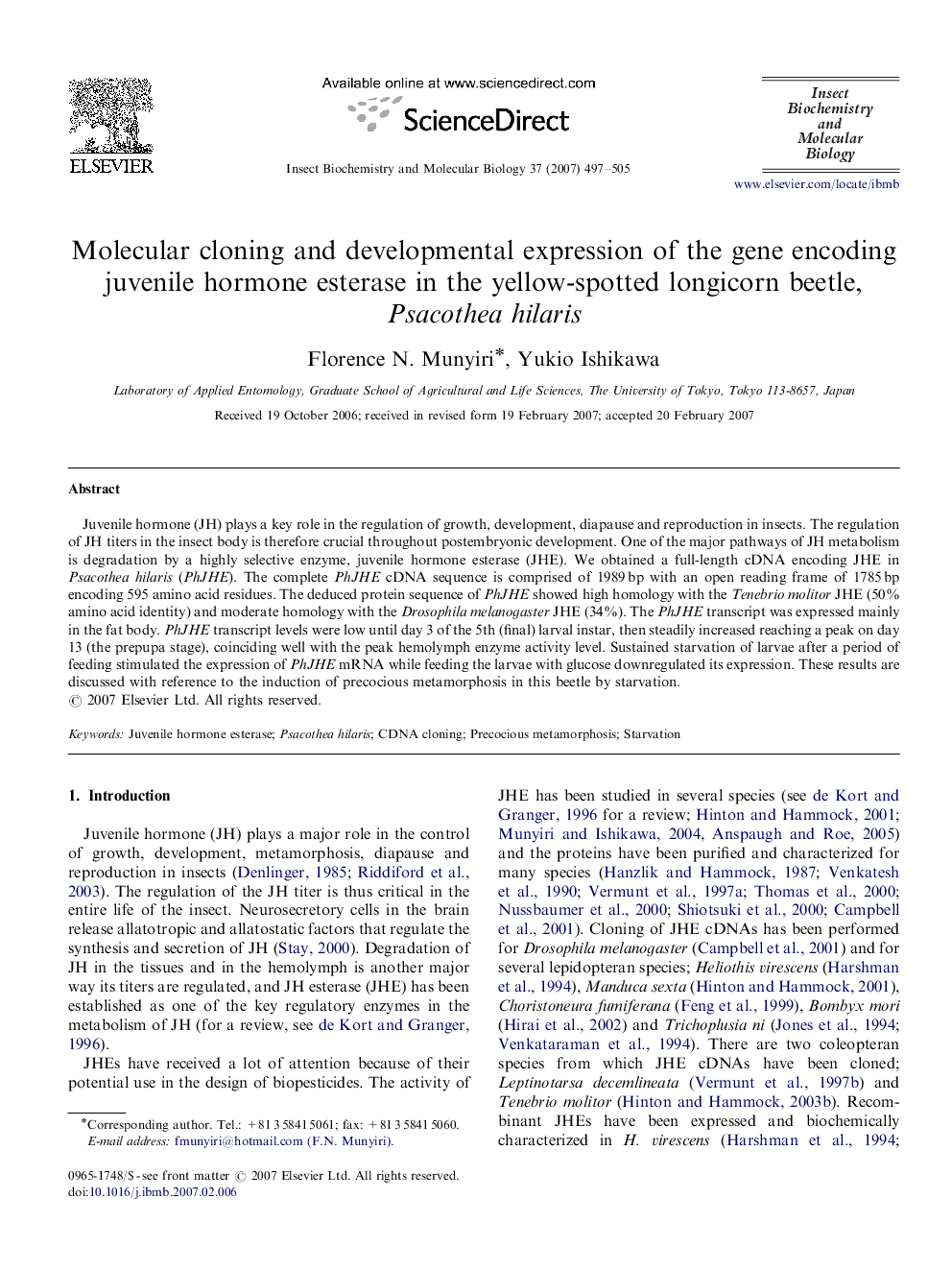 Molecular cloning and developmental expression of the gene encoding juvenile hormone esterase in the yellow-spotted longicorn beetle, Psacothea hilaris