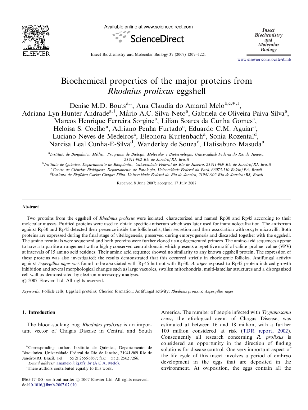 Biochemical properties of the major proteins from Rhodnius prolixus eggshell