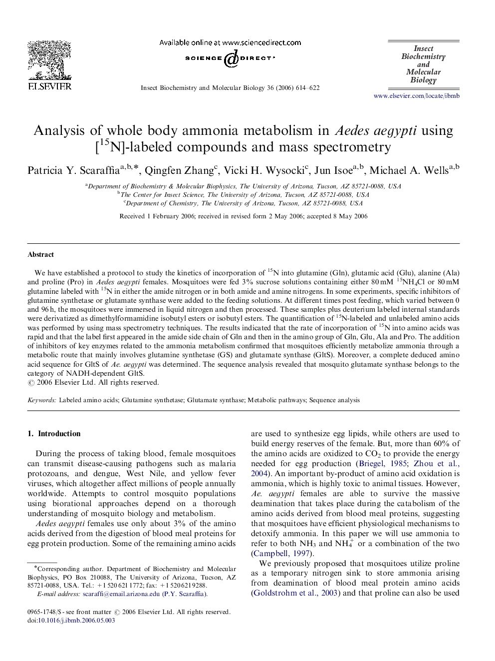 Analysis of whole body ammonia metabolism in Aedes aegypti using [15N]-labeled compounds and mass spectrometry