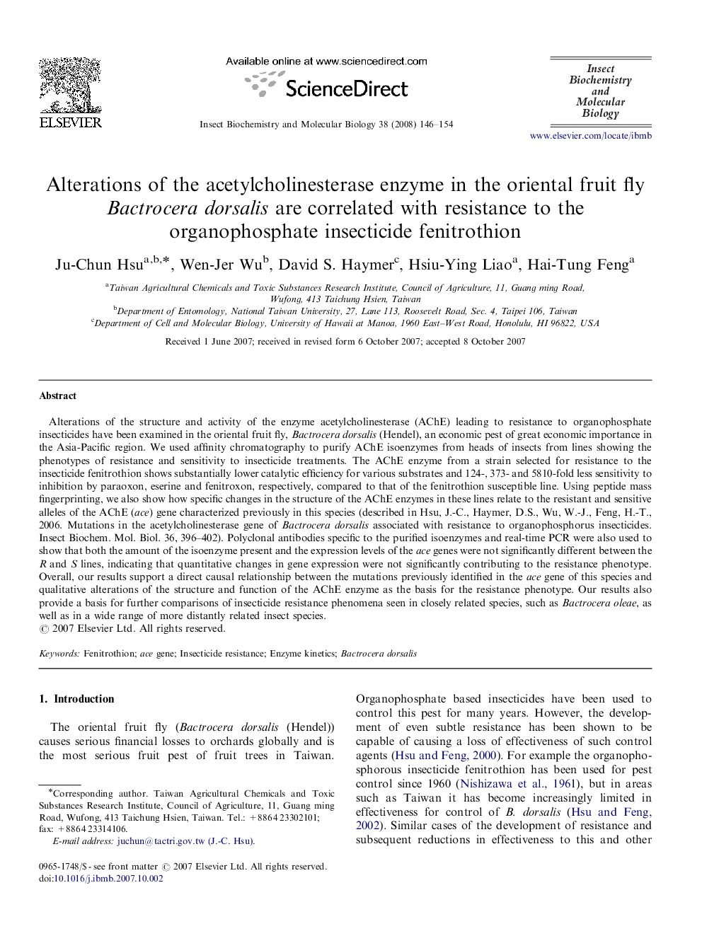 Alterations of the acetylcholinesterase enzyme in the oriental fruit fly Bactrocera dorsalis are correlated with resistance to the organophosphate insecticide fenitrothion