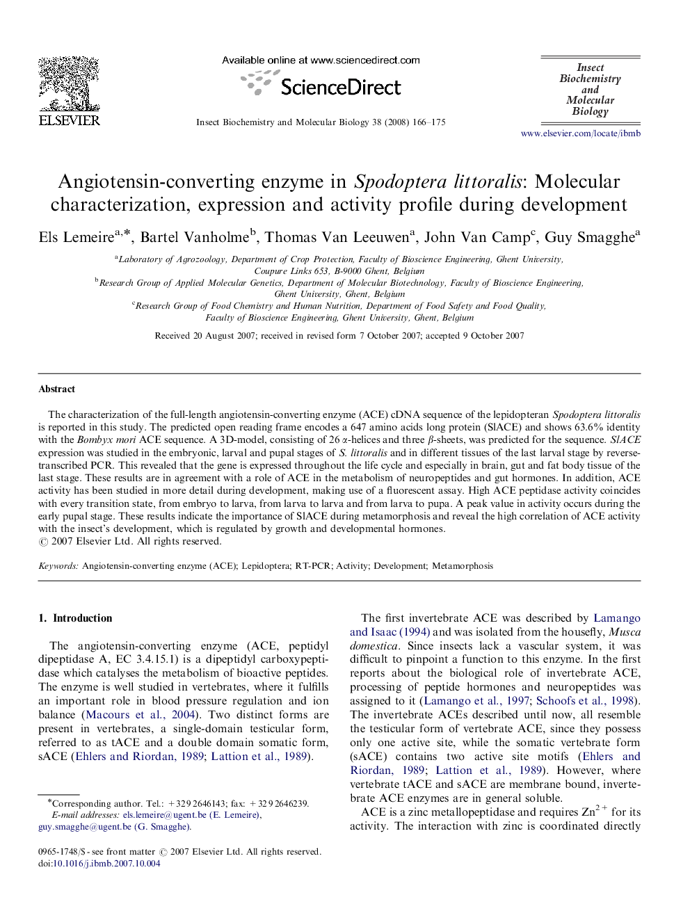 Angiotensin-converting enzyme in Spodoptera littoralis: Molecular characterization, expression and activity profile during development