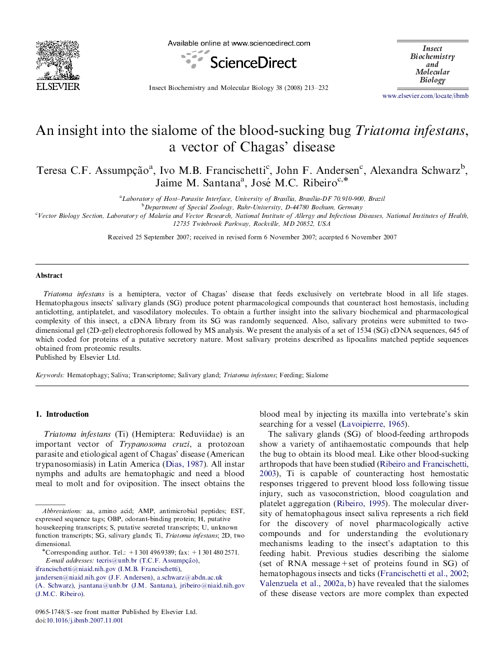 An insight into the sialome of the blood-sucking bug Triatoma infestans, a vector of Chagas' disease