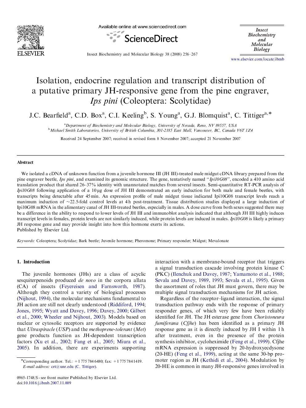 Isolation, endocrine regulation and transcript distribution of a putative primary JH-responsive gene from the pine engraver, Ips pini (Coleoptera: Scolytidae)