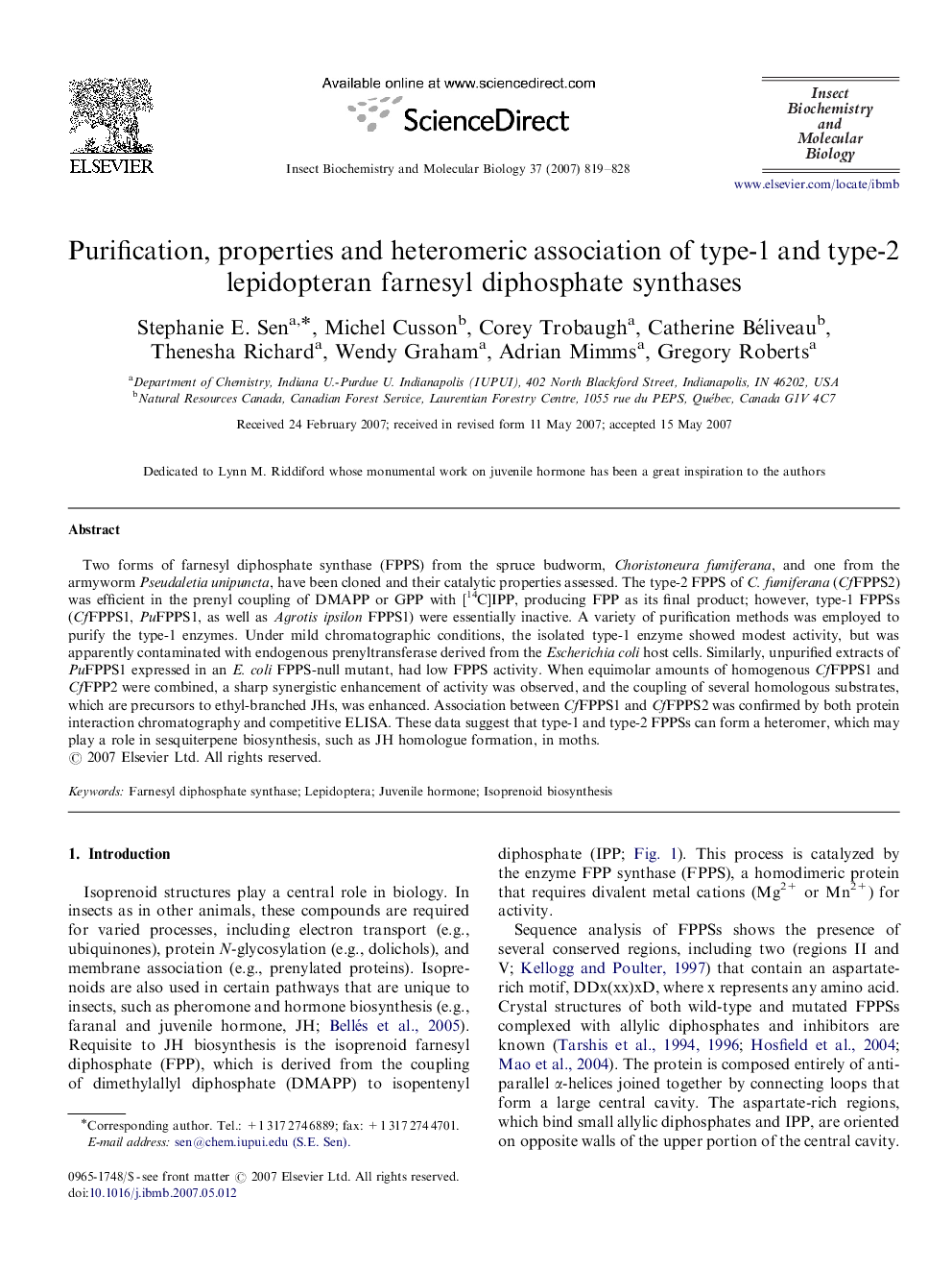 Purification, properties and heteromeric association of type-1 and type-2 lepidopteran farnesyl diphosphate synthases