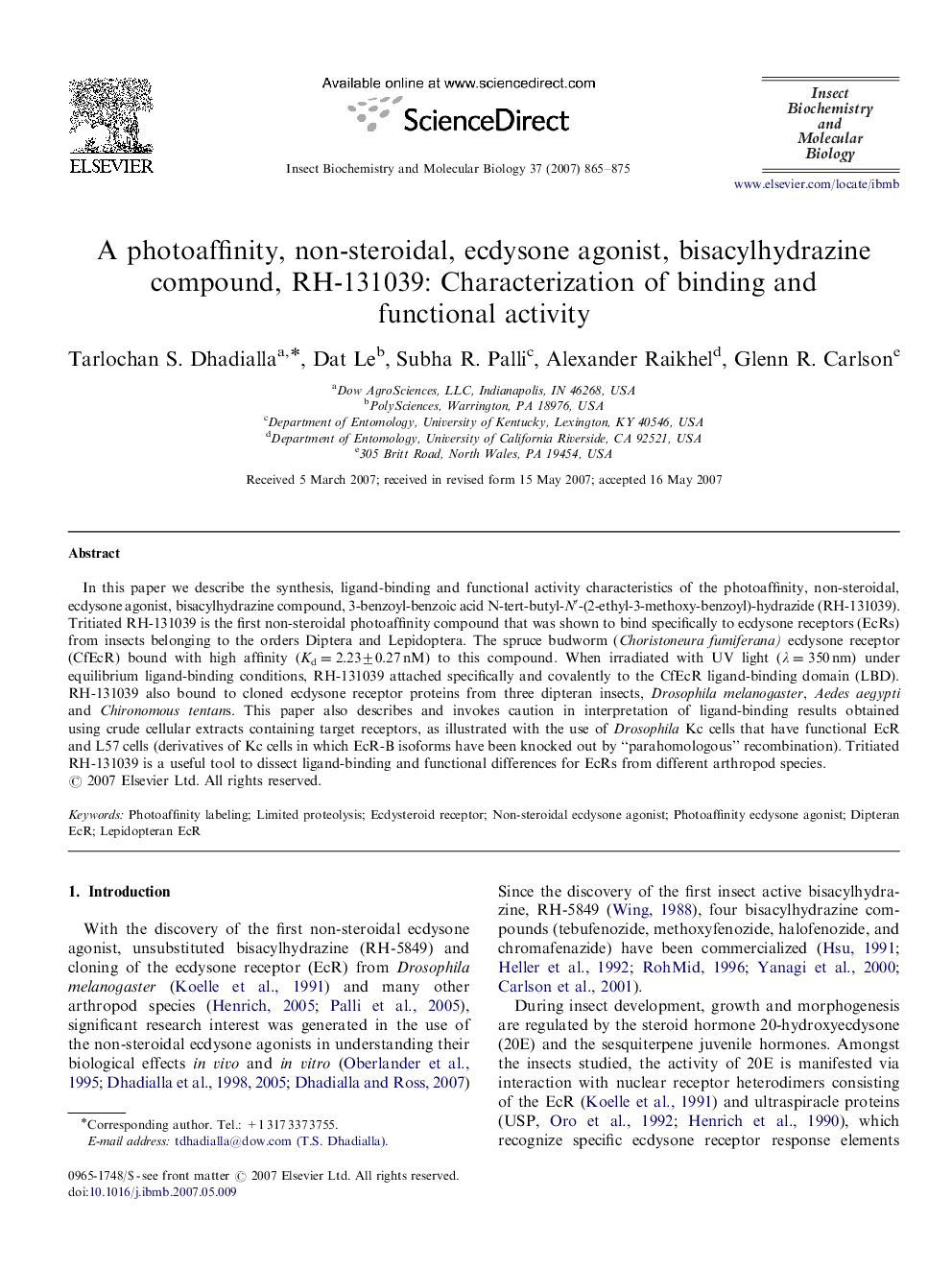 A photoaffinity, non-steroidal, ecdysone agonist, bisacylhydrazine compound, RH-131039: Characterization of binding and functional activity