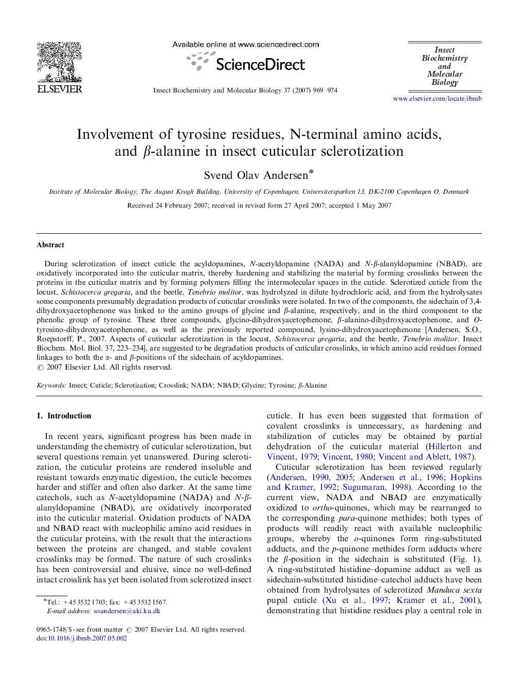 Involvement of tyrosine residues, N-terminal amino acids, and β-alanine in insect cuticular sclerotization