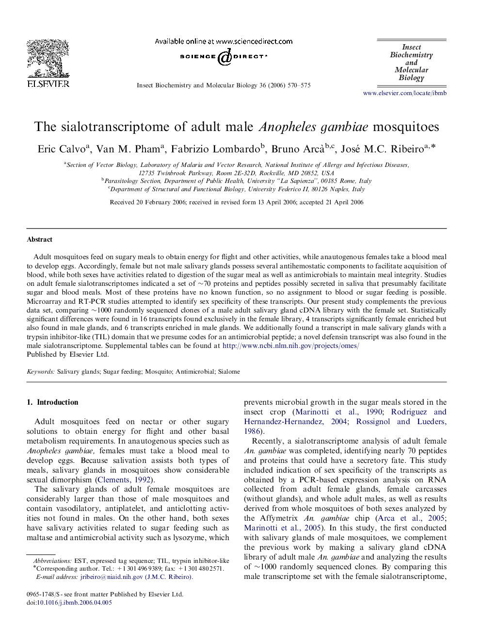 The sialotranscriptome of adult male Anopheles gambiae mosquitoes