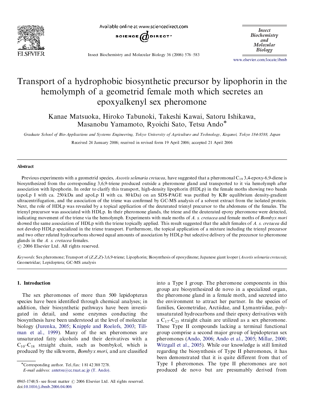 Transport of a hydrophobic biosynthetic precursor by lipophorin in the hemolymph of a geometrid female moth which secretes an epoxyalkenyl sex pheromone