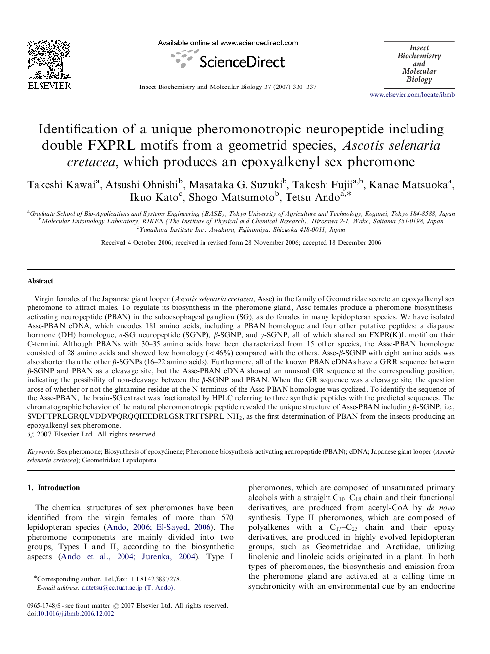 Identification of a unique pheromonotropic neuropeptide including double FXPRL motifs from a geometrid species, Ascotis selenaria cretacea, which produces an epoxyalkenyl sex pheromone