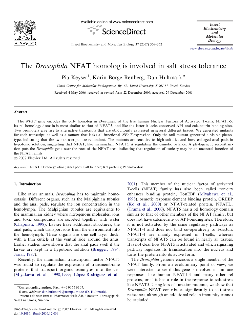 The Drosophila NFAT homolog is involved in salt stress tolerance