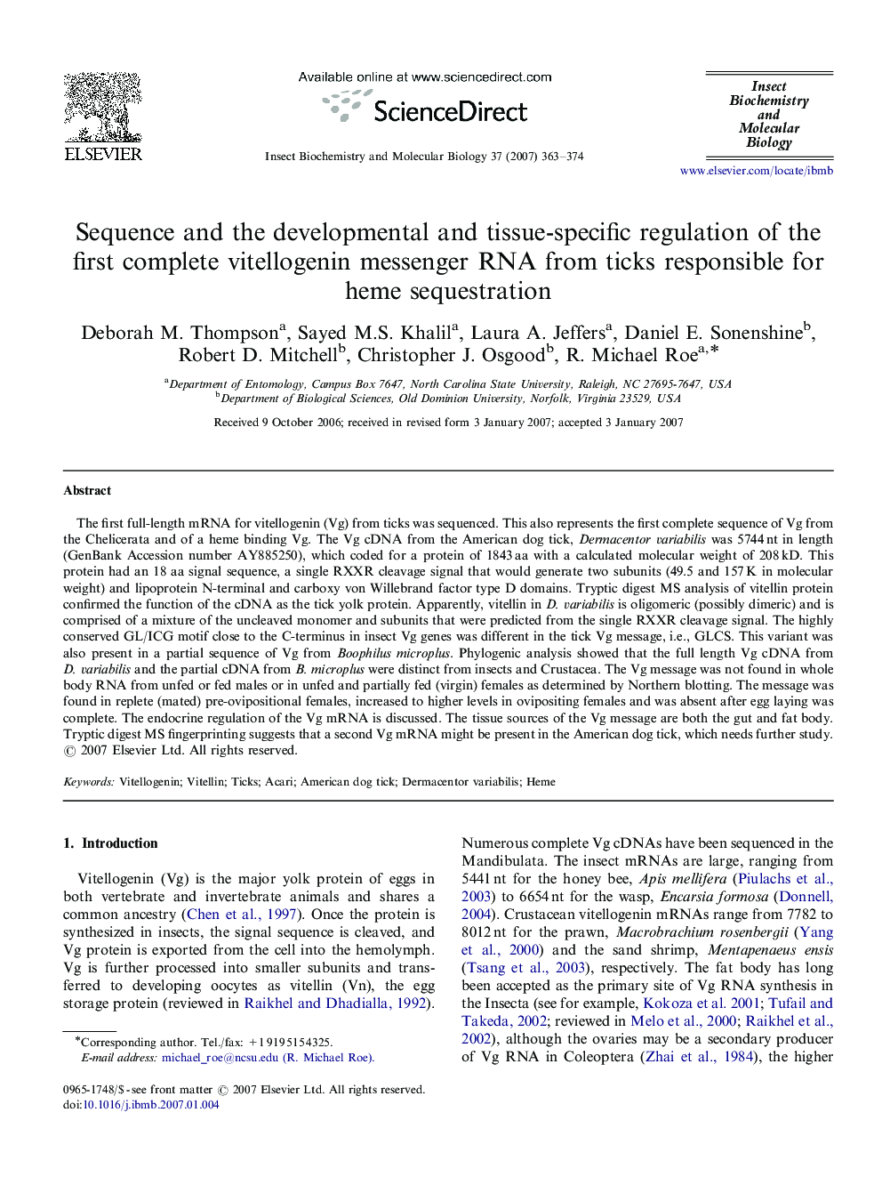 Sequence and the developmental and tissue-specific regulation of the first complete vitellogenin messenger RNA from ticks responsible for heme sequestration