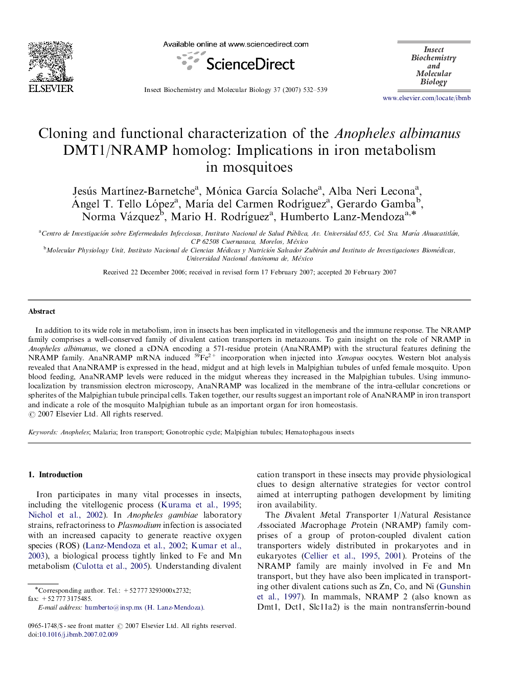 Cloning and functional characterization of the Anopheles albimanus DMT1/NRAMP homolog: Implications in iron metabolism in mosquitoes