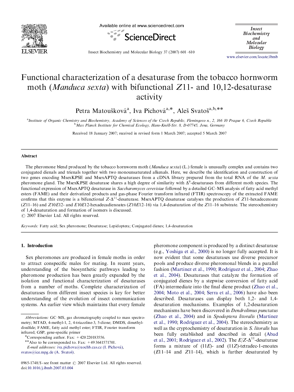 Functional characterization of a desaturase from the tobacco hornworm moth (Manduca sexta) with bifunctional Z11- and 10,12-desaturase activity