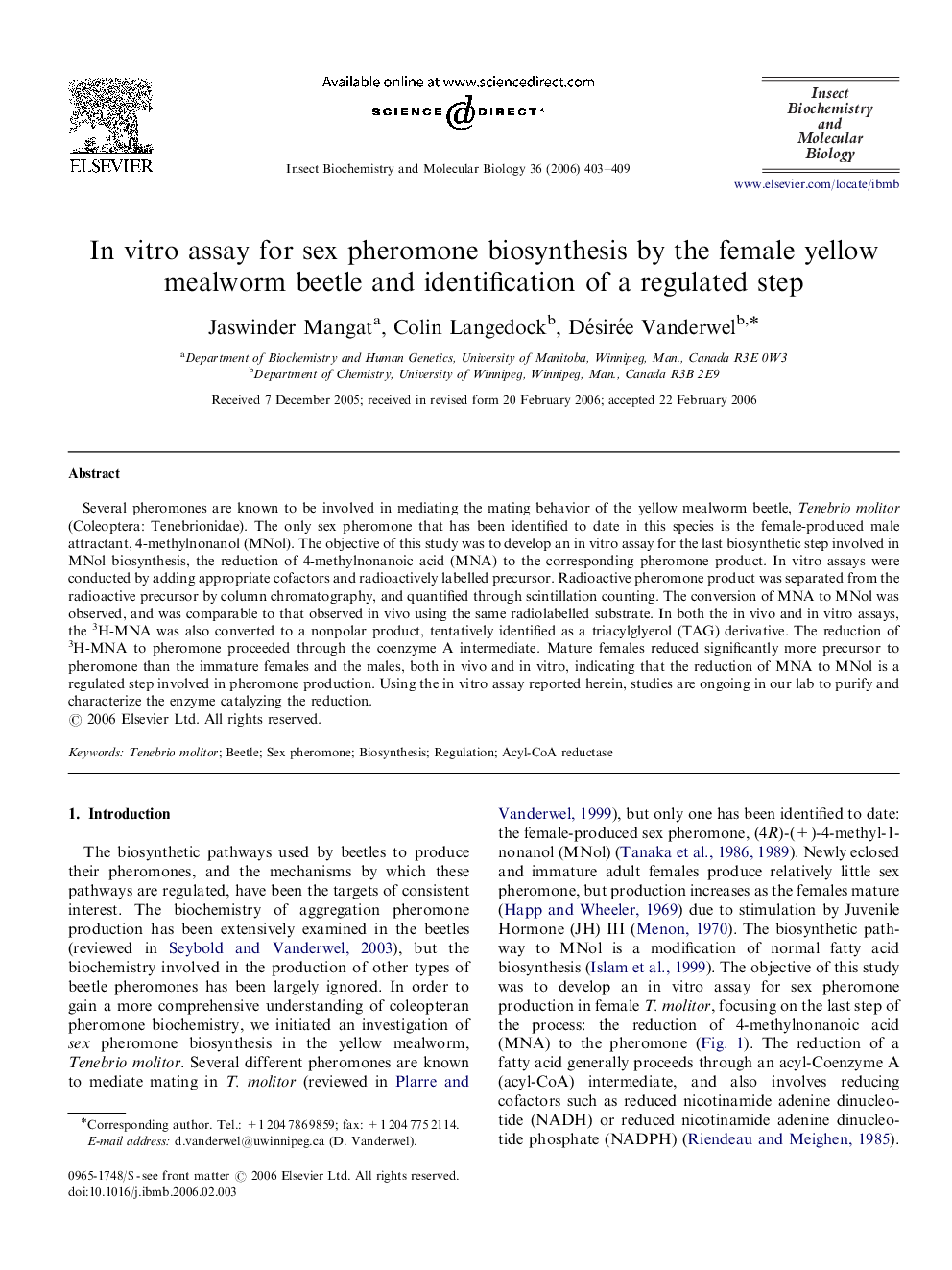 In vitro assay for sex pheromone biosynthesis by the female yellow mealworm beetle and identification of a regulated step