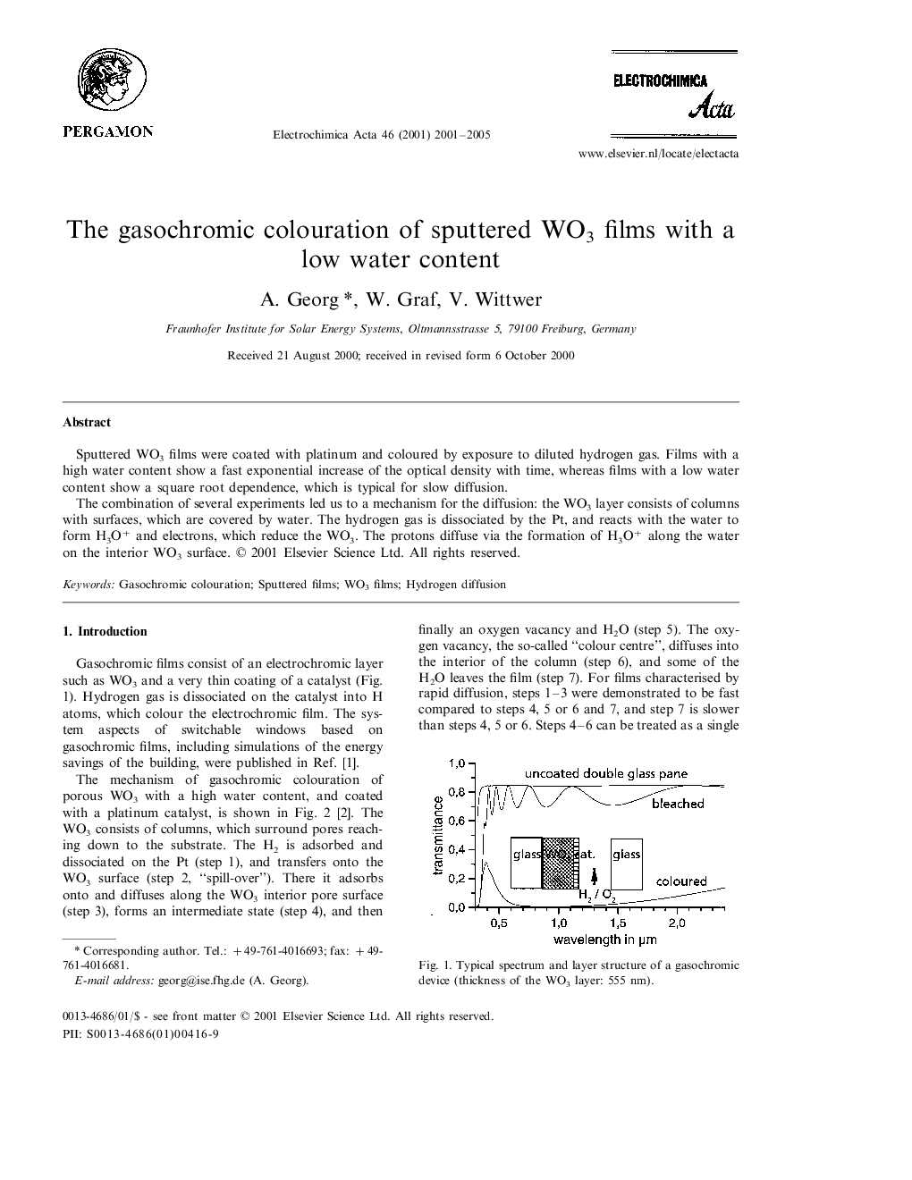 The gasochromic colouration of sputtered WO3 films with a low water content