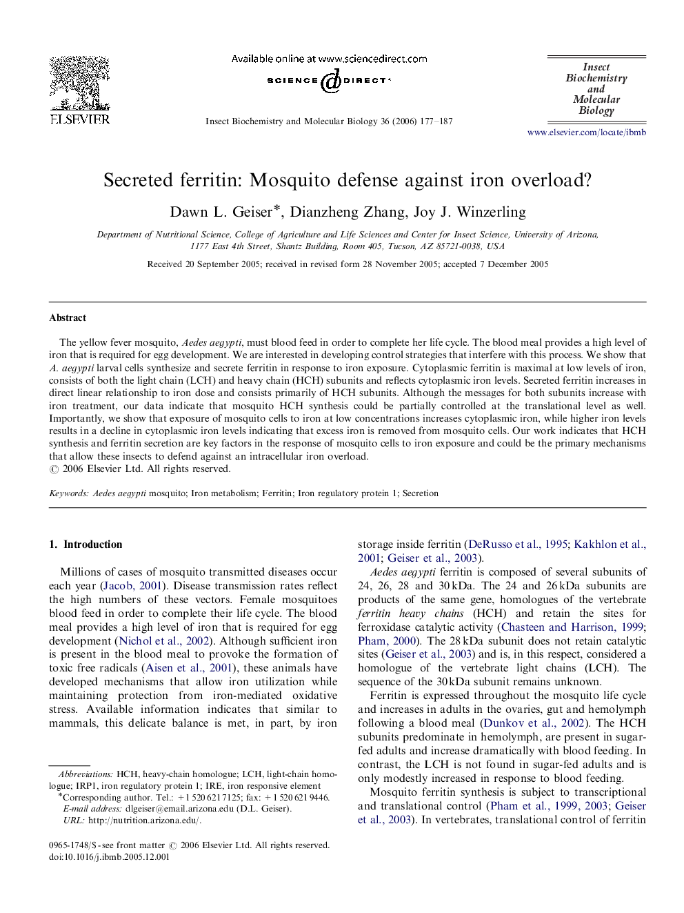 Secreted ferritin: Mosquito defense against iron overload?