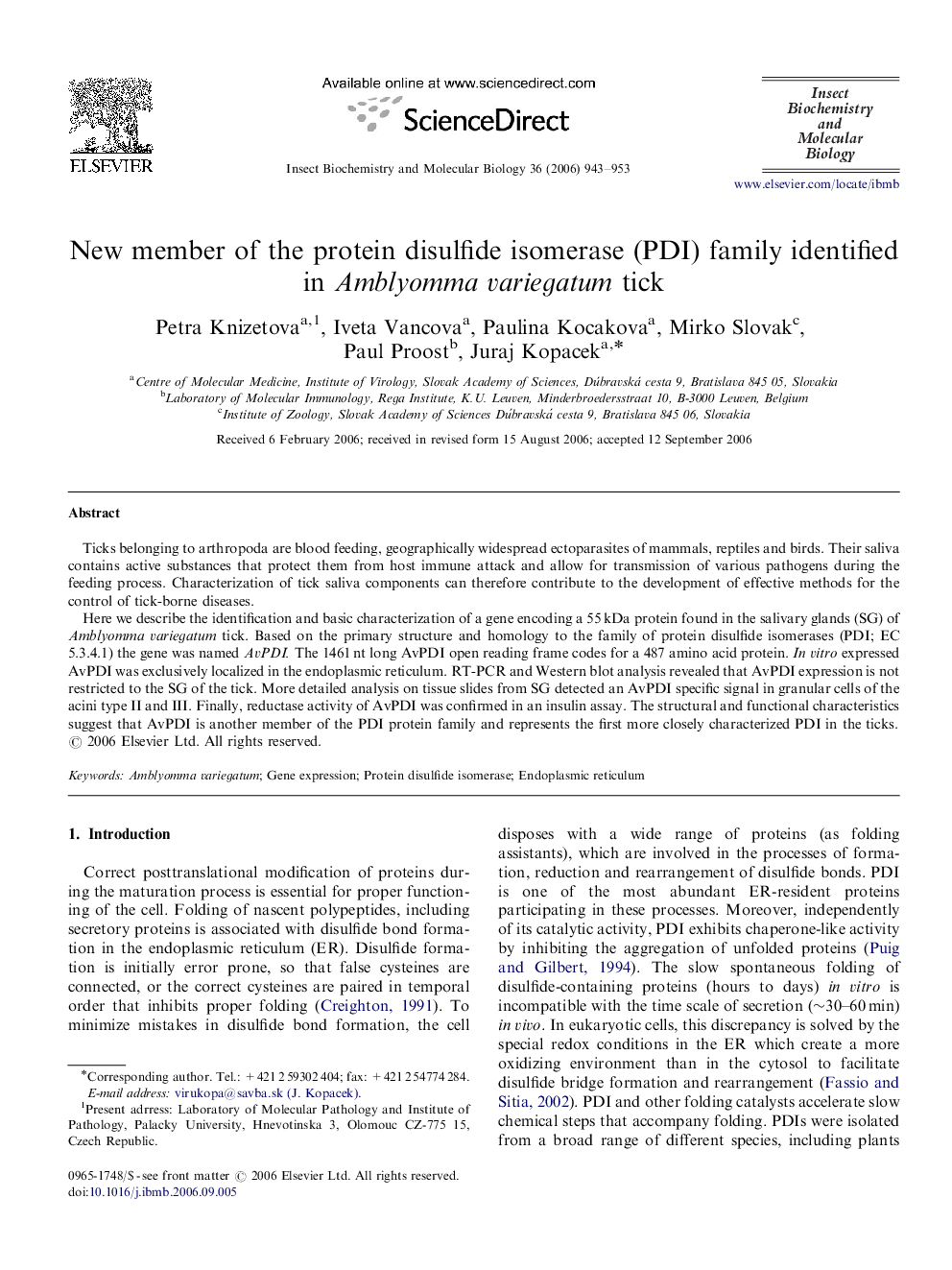 New member of the protein disulfide isomerase (PDI) family identified in Amblyomma variegatum tick