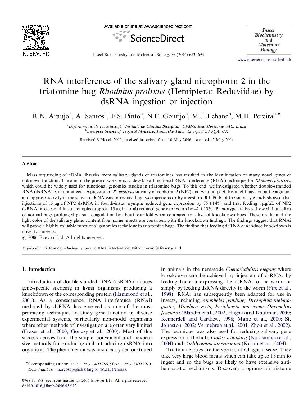 RNA interference of the salivary gland nitrophorin 2 in the triatomine bug Rhodnius prolixus (Hemiptera: Reduviidae) by dsRNA ingestion or injection