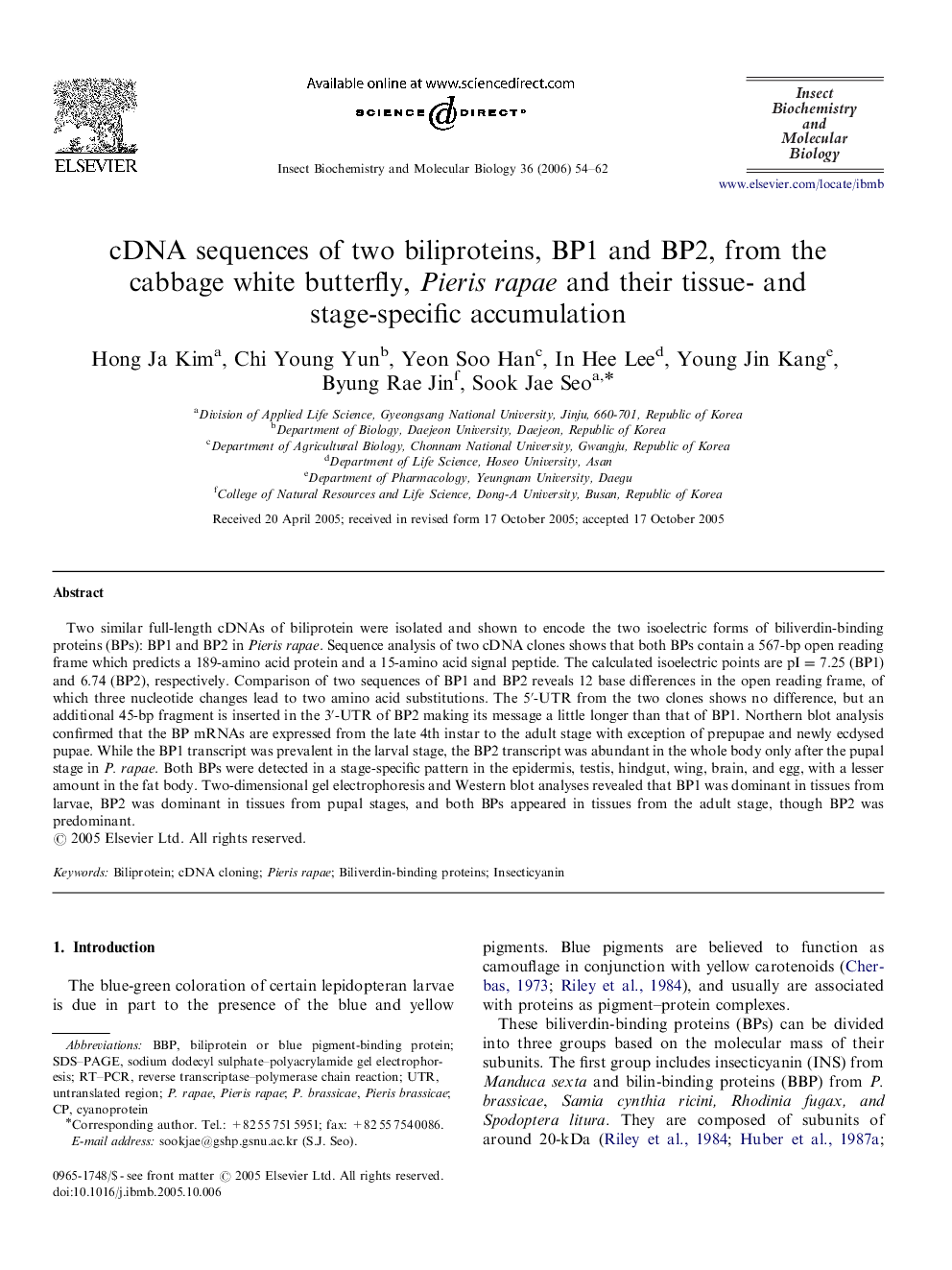 cDNA sequences of two biliproteins, BP1 and BP2, from the cabbage white butterfly, Pieris rapae and their tissue- and stage-specific accumulation