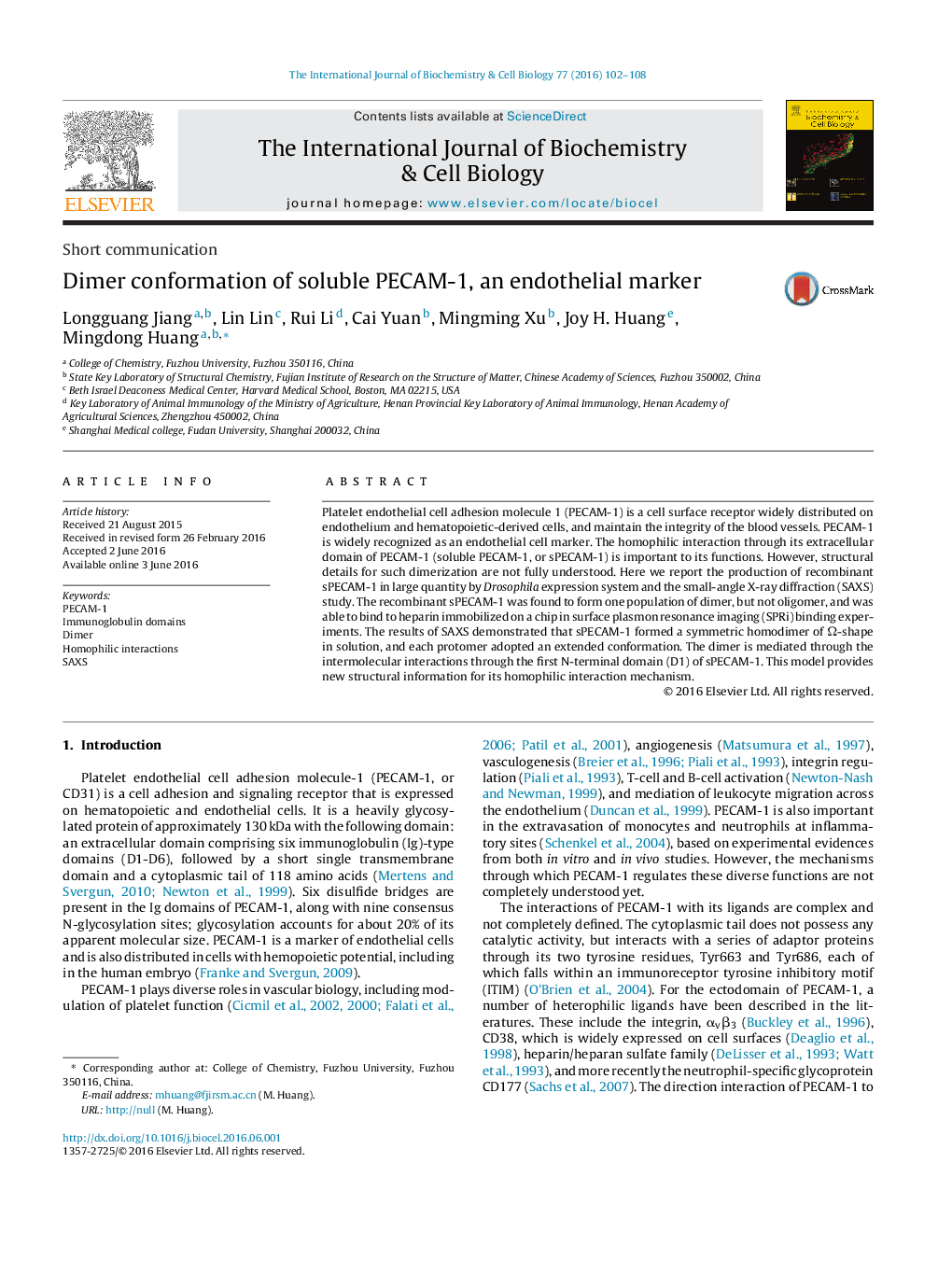 Dimer conformation of soluble PECAM-1, an endothelial marker