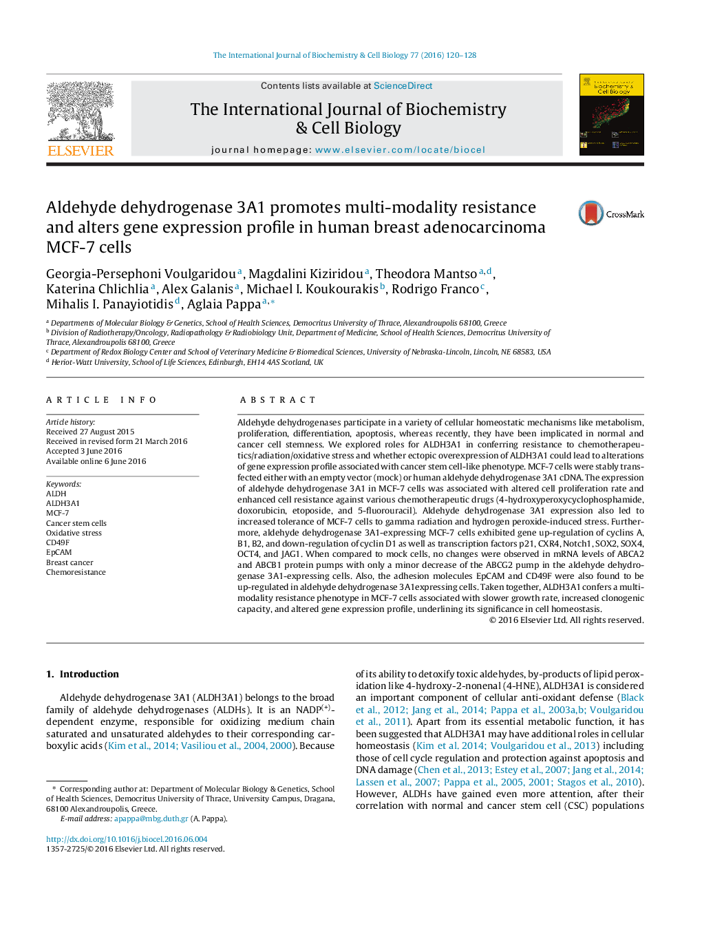 Aldehyde dehydrogenase 3A1 promotes multi-modality resistance and alters gene expression profile in human breast adenocarcinoma MCF-7 cells